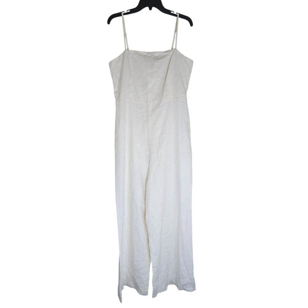 White Wide-Leg Linen Jumpsuit With Adjustable Spaghetti Straps & Smocked Back By